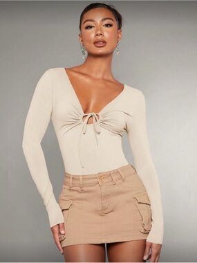 Tie-Front Long Sleeve V-Neck Top